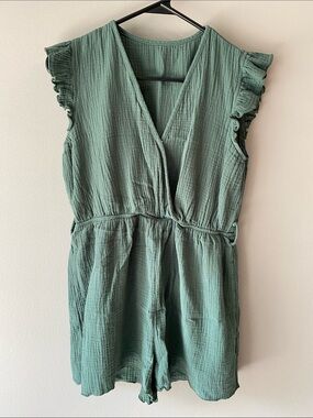 Cupshe Sage Green Gauze Romper with Ruffle Sleeves
